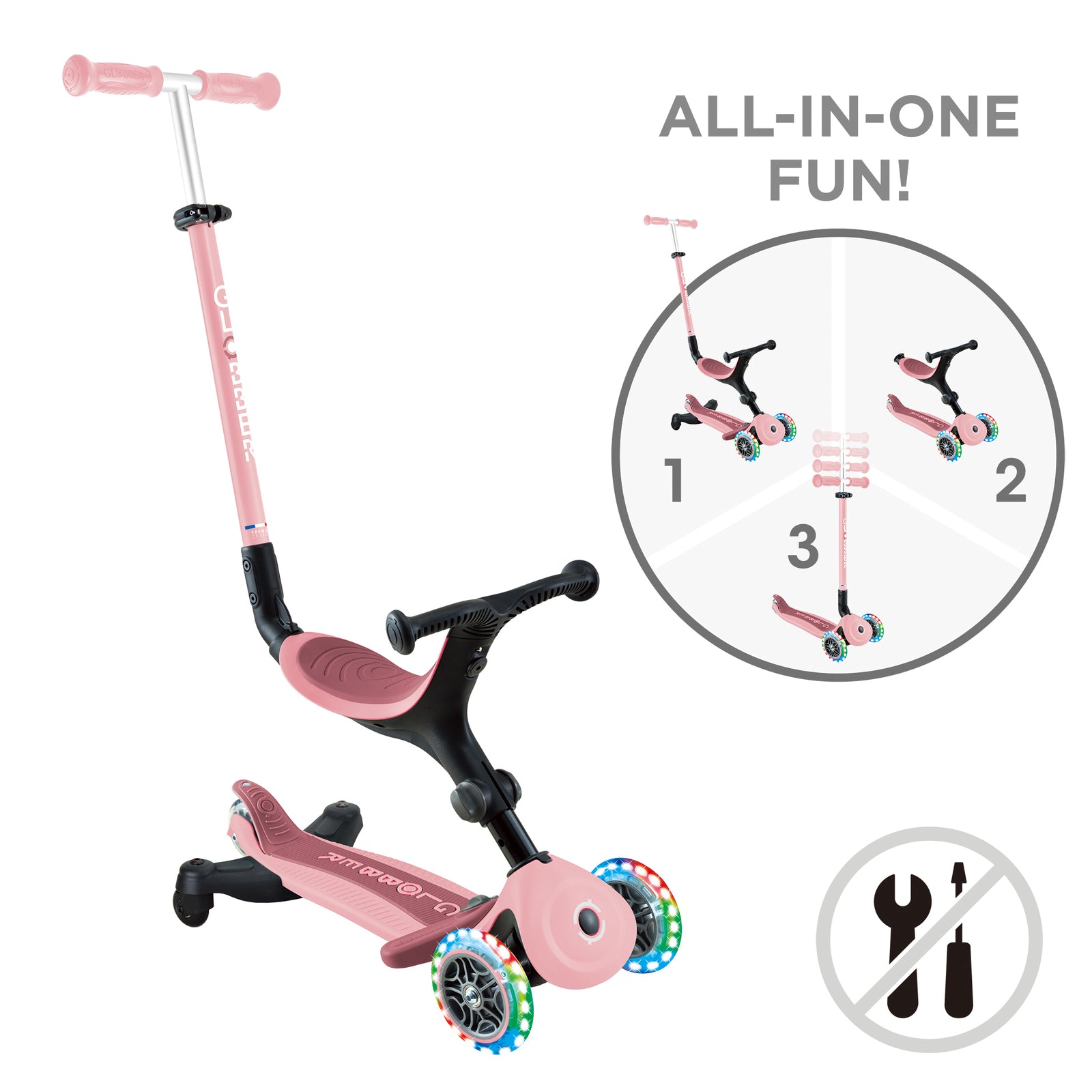 Globber Go Up Active Lights 360 Convertible Scooter - Pastel Pink