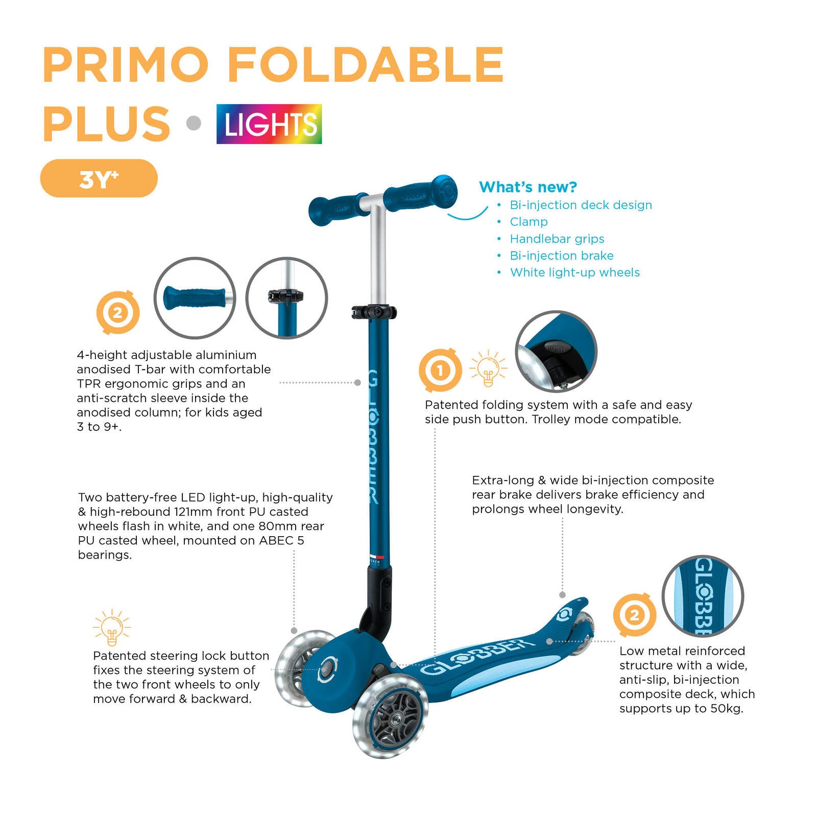 Globber Primo Foldable Plus Lights Scooter V2 - Petrol Blue