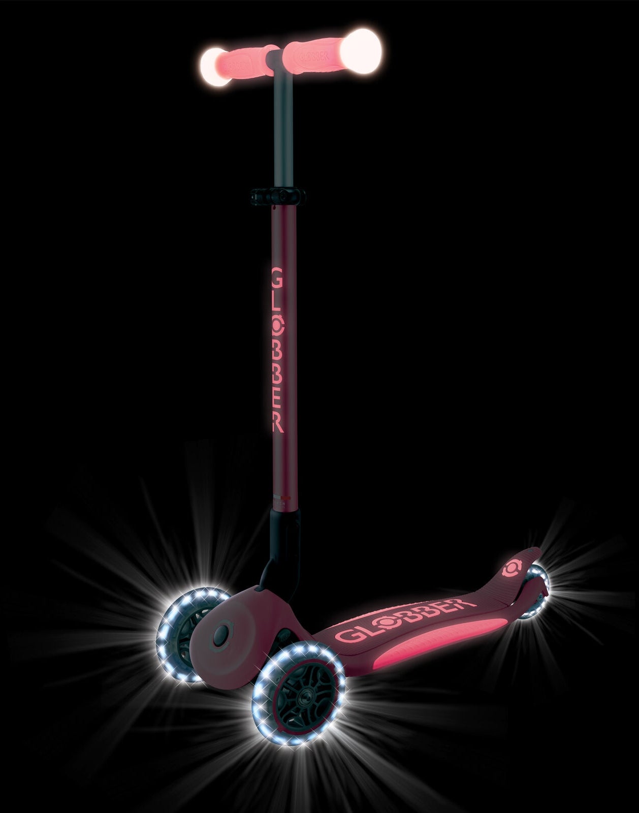 Globber Elite Glow Lights - 3 Wheel LED Fold Up Scooter - Pastel Pink