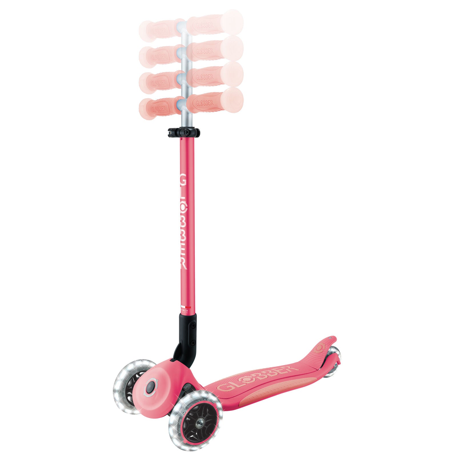 Globber Elite Glow Lights - 3 Wheel LED Fold Up Scooter - Pastel Pink