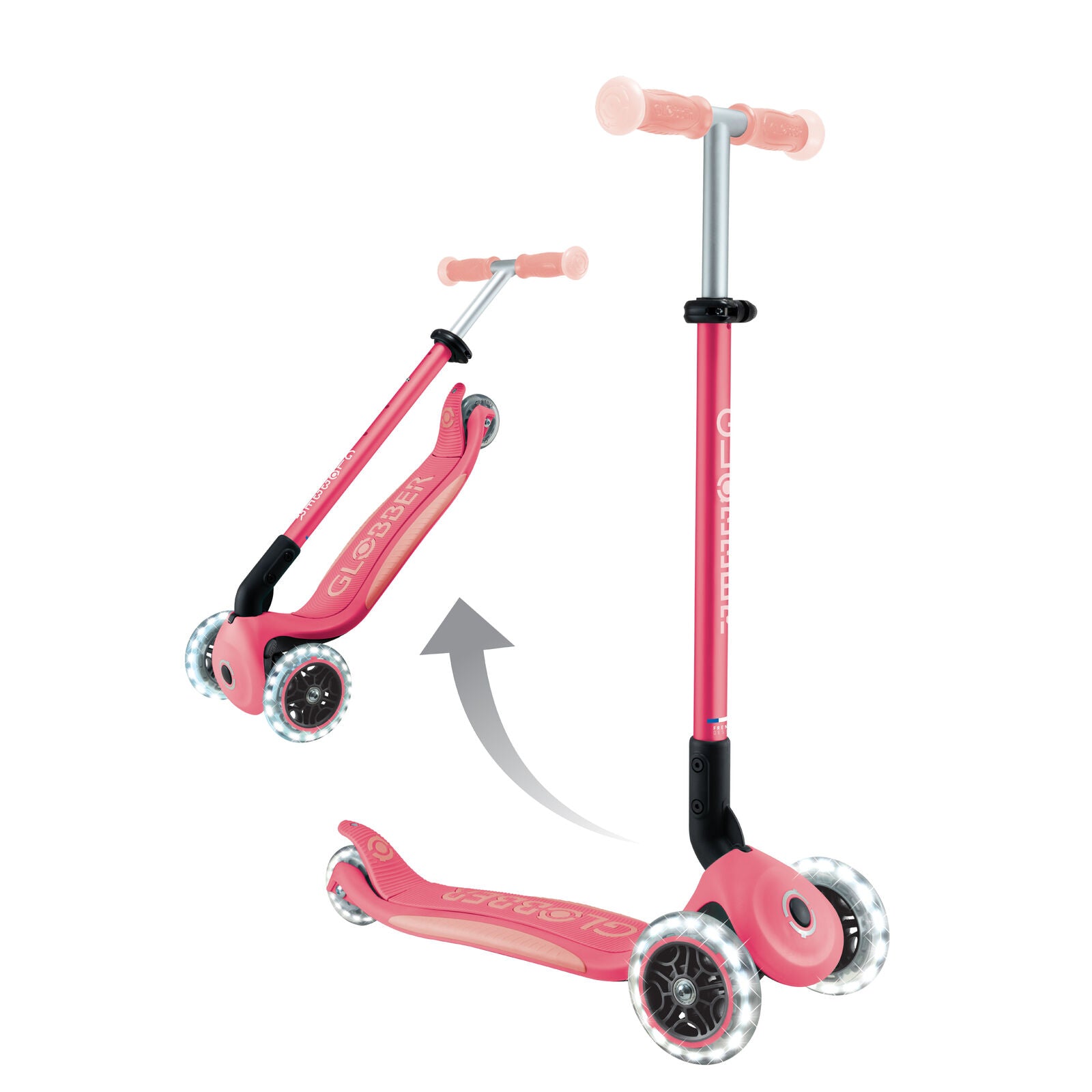 Globber Elite Glow Lights - 3 Wheel LED Fold Up Scooter - Pastel Pink
