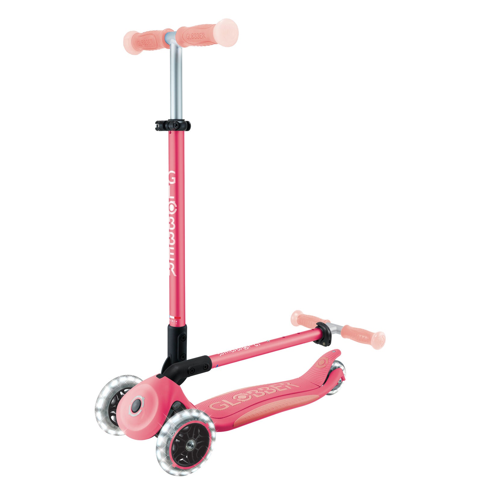 Globber Elite Glow Lights - 3 Wheel LED Fold Up Scooter - Pastel Pink