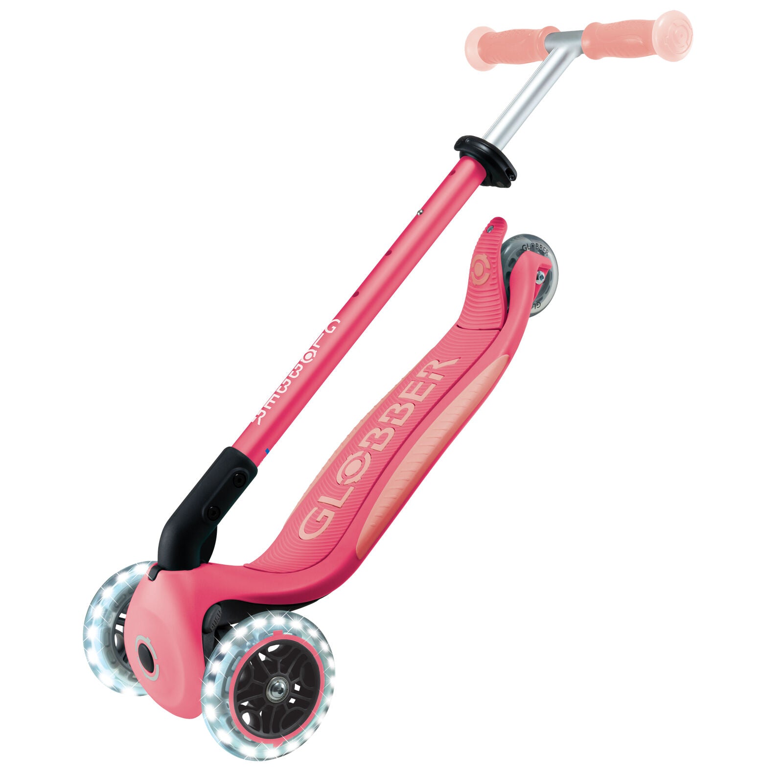 Globber Elite Glow Lights - 3 Wheel LED Fold Up Scooter - Pastel Pink