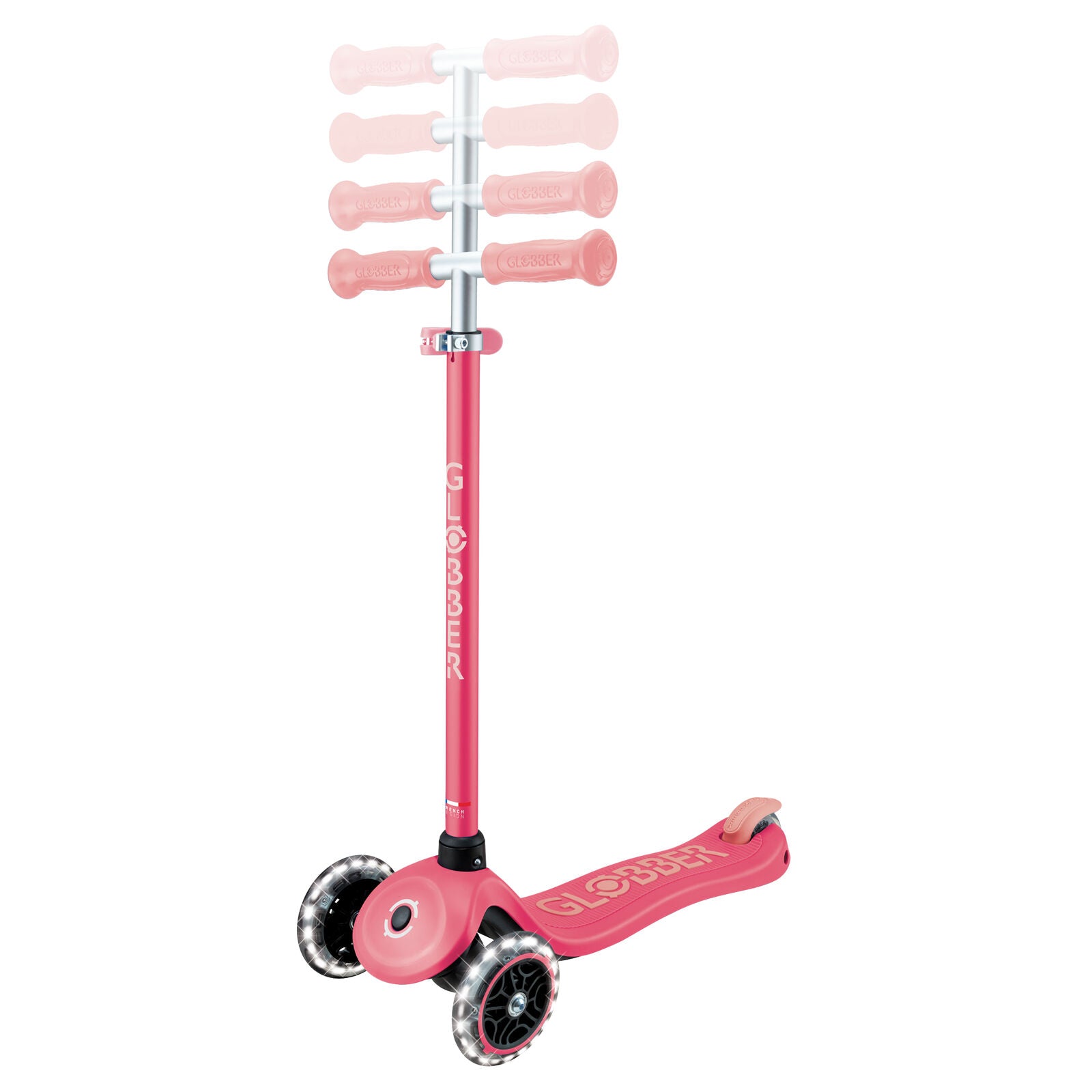 Globber Primo Plus Glow Lights 3 Wheel Scooter - LED Flashing Wheels - Coral Pink