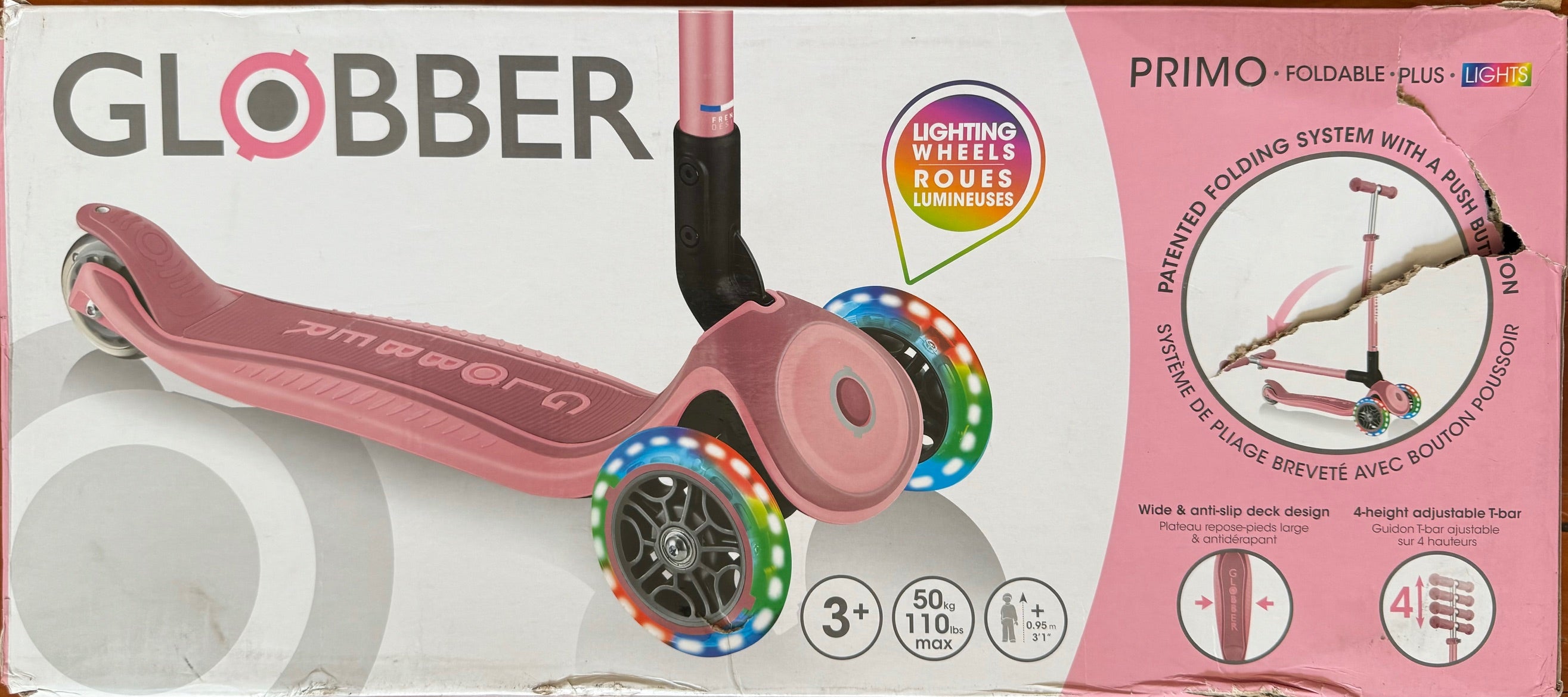 Globber Primo Foldable Plus Lights 3 Wheel Scooter LED Wheels - Pastel Pink DAMAGED BOX