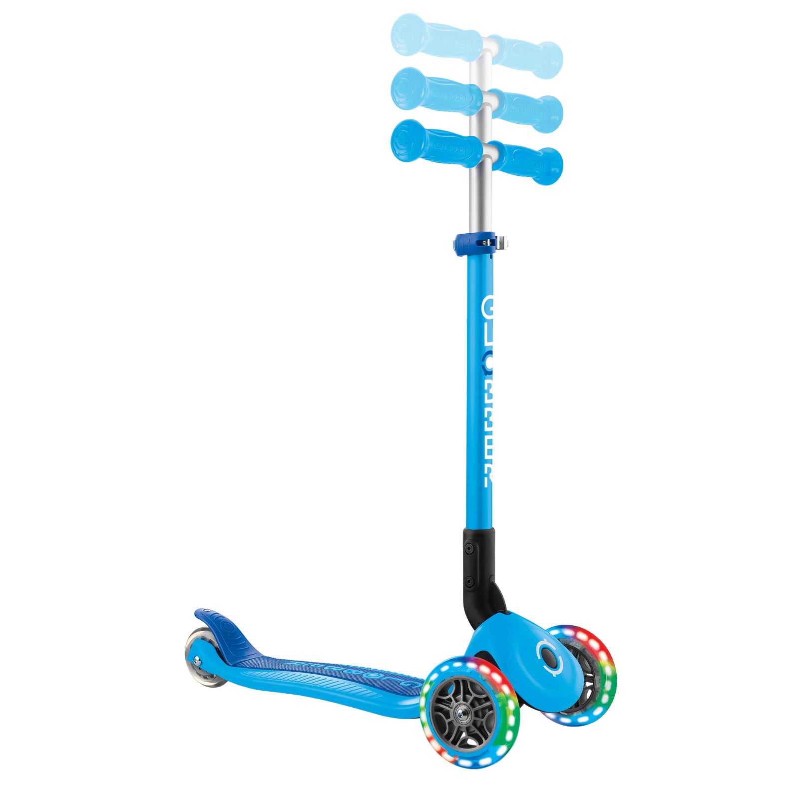 Globber Primo Foldable Lights 3 Wheel Scooter LED Wheels - Sky Blue V3