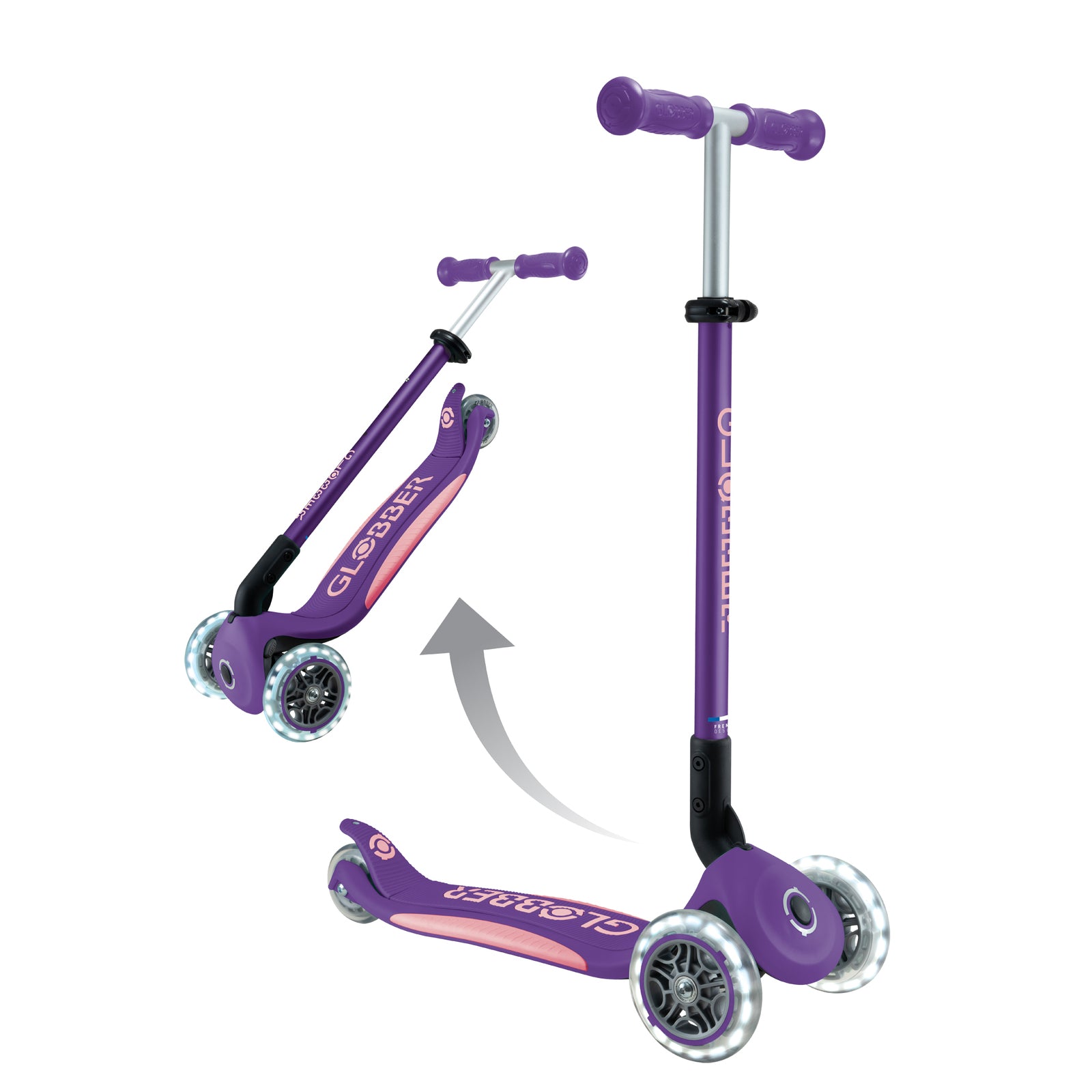 Globber Primo Foldable Plus Lights 3 Wheel Scooter LED Wheels V2 - Purple