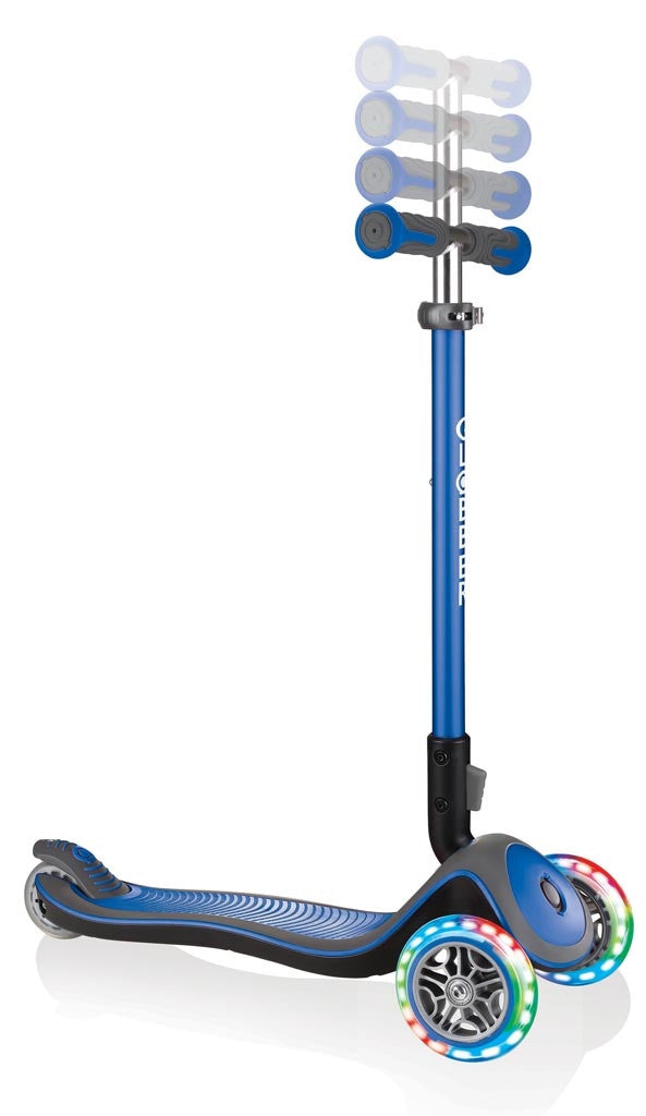 Globber Elite Deluxe Lights - 3 Wheel LED Fold Up Scooter - Navy Blue