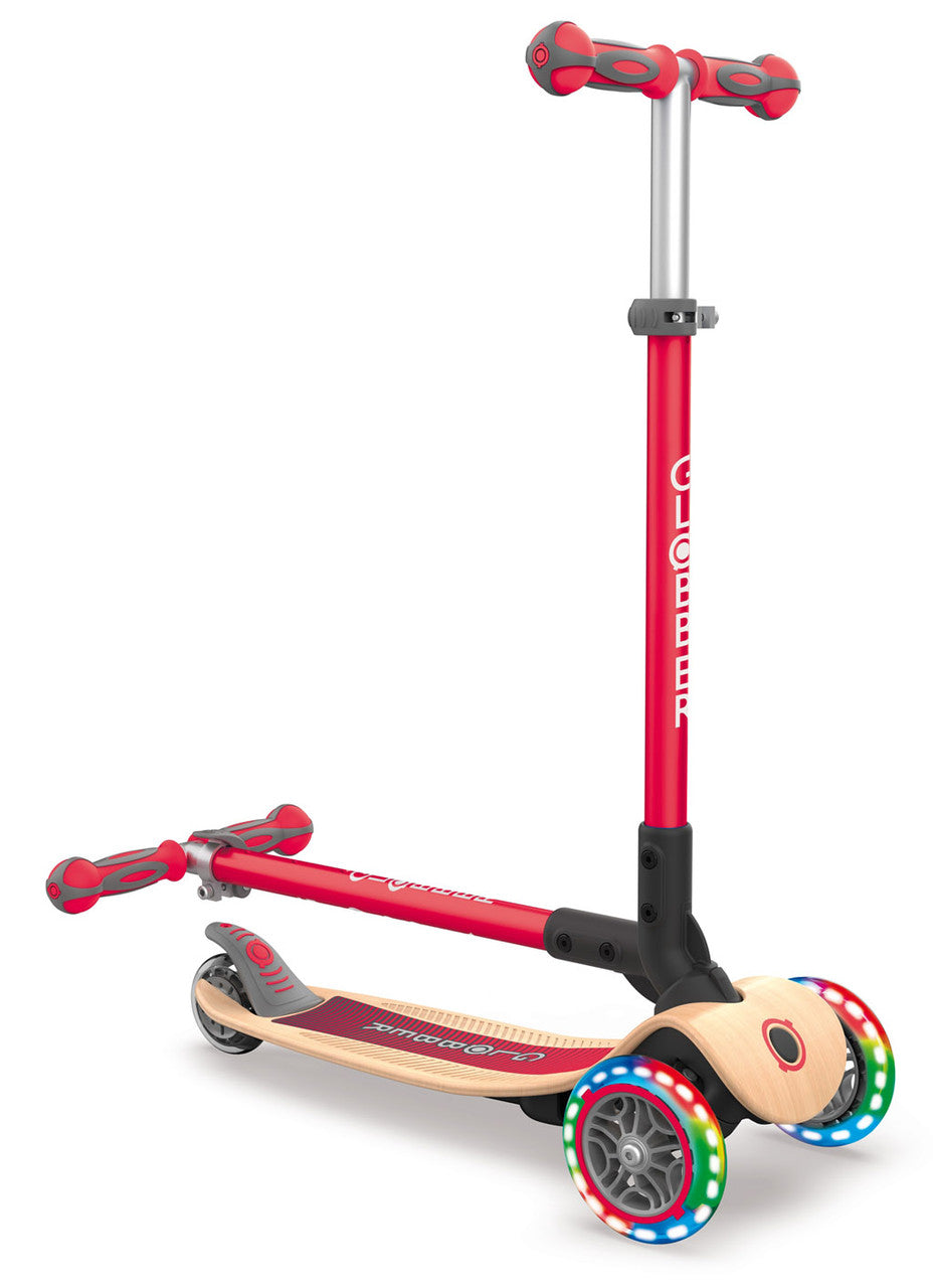 Globber Primo Foldable Lights WOODEN 3 Wheel Scooter LED Wheels - Red