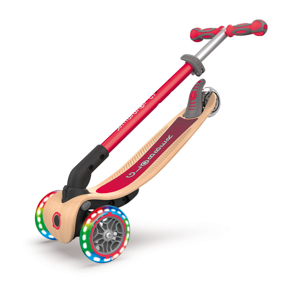 Globber Primo Foldable Lights WOODEN 3 Wheel Scooter LED Wheels - Red